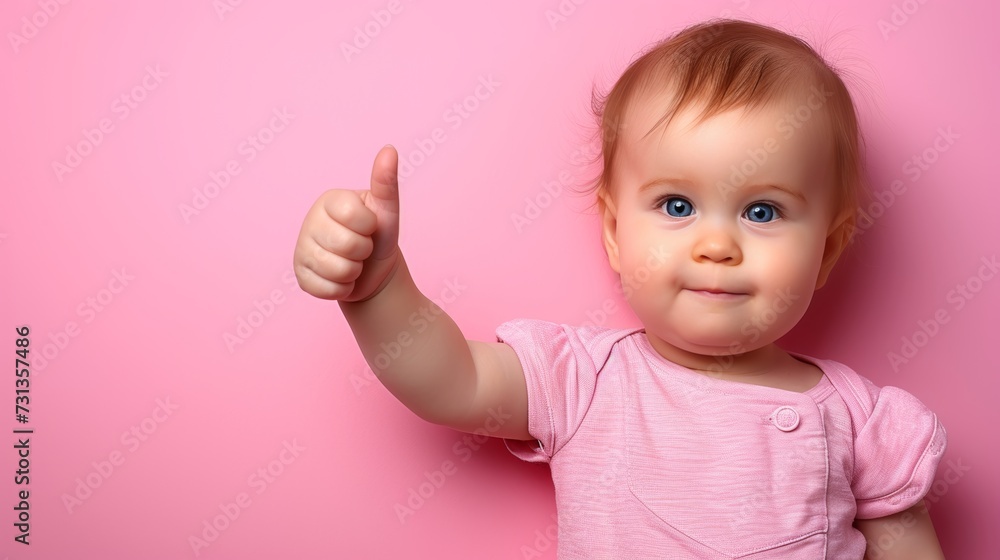 Poster Toddler giving thumbs up on pastel solid color background with copy space for text placement