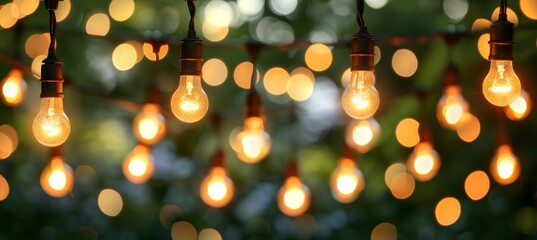 Outdoor party string lights hanging in backyard with beautiful bokeh background illumination