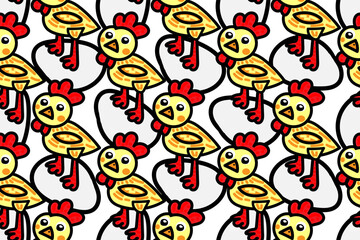 Funny and cute Easter farm cartoon chicken bird and egg. Seamless bright vector pattern for design and decoration.