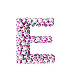 Symbol made from purple soccer balls. letter e