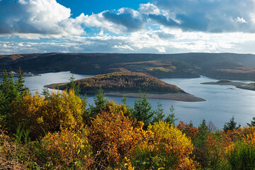 Panoramic view or the rursee, natural Idyll in the north eifel, schmidt: Beautitul view, village life with a lake view, quiet retreat on the rursee.