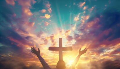 hands raised up to a cross with sunset background Generative AI