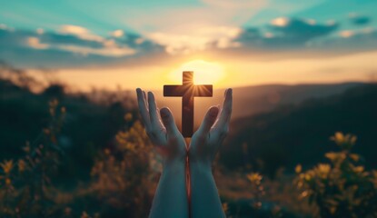 hands of christ worship with the cross sunrise with sun Generative AI - obrazy, fototapety, plakaty