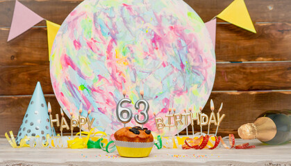Date of Birth  63. Happy birthday candles. Pie with burning candles. Congratulation postcard....