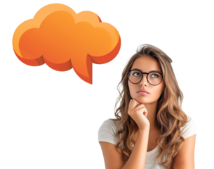 Thoughtful worried young woman with thinking cloud icon by her side. Isolated on white transparent background