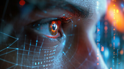 Man eyes close up image with biometric data with eye recognition