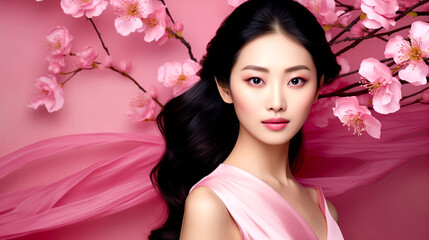 Close-up of an Asian Woman in a Pink Dress, Flowing Salmon-colored Silk, Stunning Beauty