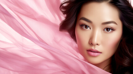 Close-up of an Asian Woman in a Pink Dress, Flowing Salmon-colored Silk, Stunning Beauty