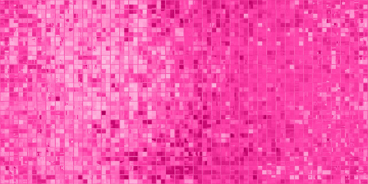 Seamless hot pink trendy glittery disco ball mirror glass mosaic tiles barbiecore aesthetic fashion backdrop or wallpaper pattern. Girly fun feminine colorful abstract background texture 3D rendering.