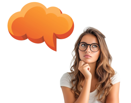 Thoughtful worried young woman with thinking cloud icon by her side. Isolated on white transparent background