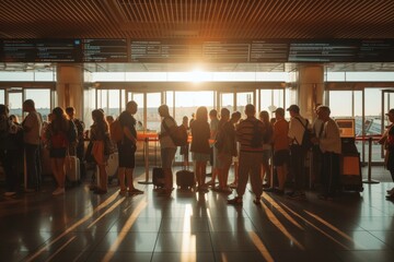 people queuing up at a busy airport