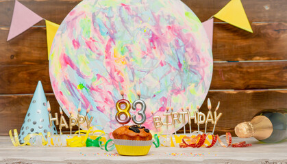 Date of Birth  83. Happy birthday candles. Pie with burning candles. Congratulation postcard....