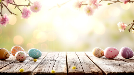 wooden table with colorful Easter eggs, spring sunny morning