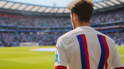 Back view of a man's soccer player wearing the soccer uniform against the backdrop of a lively soccer stadium. Olympic Games, World Cup. Generative AI