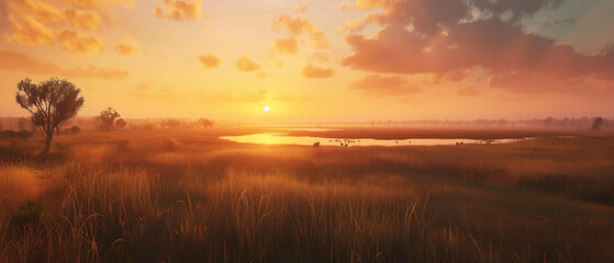 Fototapeta premium A sweeping savannah landscape dotted with acacia trees and tall grasses