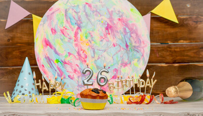 Date of Birth  26. Happy birthday candles. Pie with burning candles. Congratulation postcard....