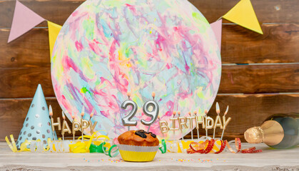 Date of Birth  29. Happy birthday candles. Pie with burning candles. Congratulation postcard....