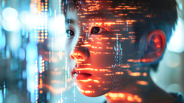 Future technology in Asia concept, young Asian boy with computer vision reflected on his face