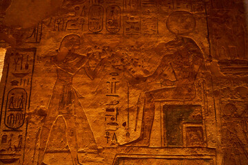 interior footage of the Great Temple of Abu Simbel, the temple of Hathor and Nefertari, also known as the Small Temple, Egypt