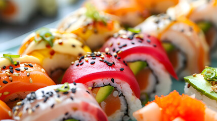 A plate of colorful sushi rolls, with a variety of fillings, such as tuna, salmon, and avocado. Generative AI.