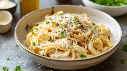 A bowl of creamy pasta, with a flavorful sauce and a topping of grated Parmesan cheese.