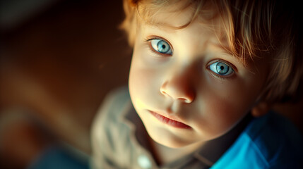 portrait of a serious two-year-old boy with blue eyes