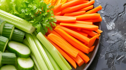 A vegetable platter, with a variety of vegetables, such as carrots, celery, and cucumbers.