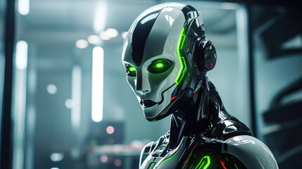 Fototapeta premium A Striking Image of an AI Robot Portrait with a Scary Look