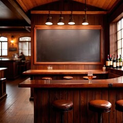 Blank, empty blackboard sign on wall behind bar in restaurant