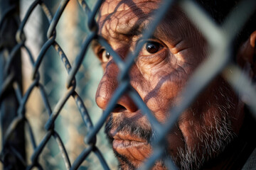 Portrait of a thoughtful man behind a chain fence, with shadows on his face, expressing contemplation and concern in golden hour light. Mexican immigrants to the USA