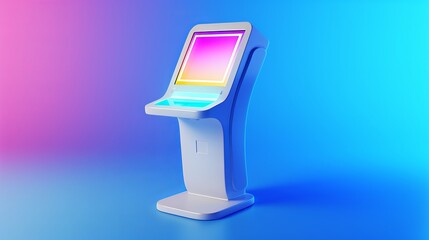 3D cartoon payment terminal. Promotional interactive information kiosk. Advertising display. Terminal stand. Touch-screen display. Vector  illustration 