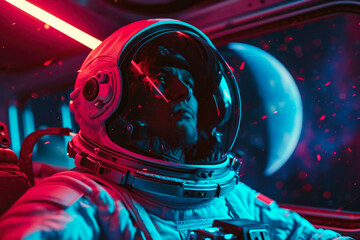 model wearing a spacesuit and a helmet in a spaceship with a planet