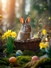 Fototapeta na wymiar Easter bunny with eggs and daffodils. 