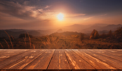 Autumn sunset landscape, with empty wooden table, nature outdoor