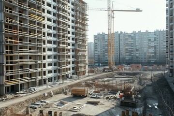 Large Building Under Construction With Crane in Background