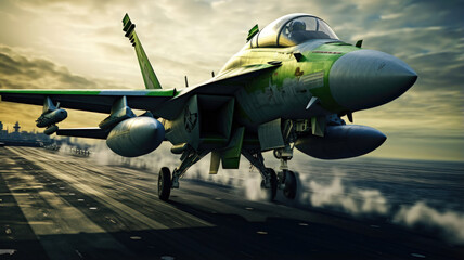 Powerful and Speedy Light Green and Black Fighter Jet Launching from an Aircraft Carrier