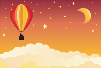Happy couple silhouette in a Hot Air Balloon