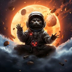 AI generated illustration of a cat in astronaut outfit sitting on clouds in front of moon