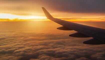 Obraz premium Aerial view of sunrise through airliner window in the morning. Aerial view of Cloudscape