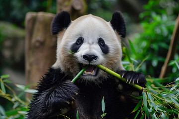 Obraz premium panda with a bamboo and a munch