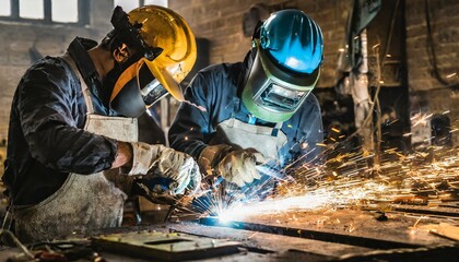 The two handymen performing welding and grinding at their workplace in the workshop