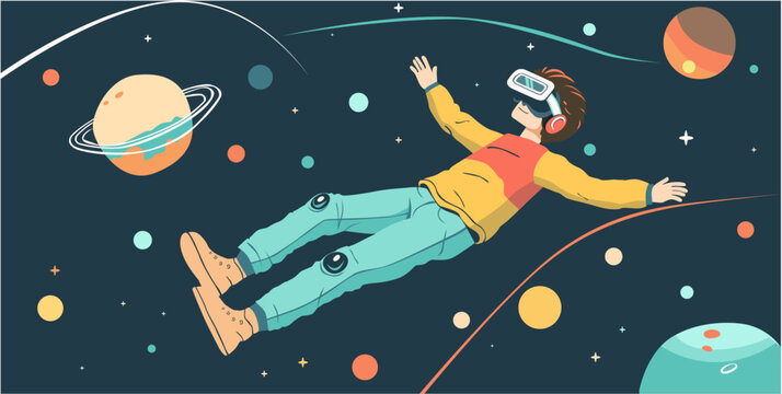 A guy in outer space wearing VR glasses. Metaverse Digital Virtual Reality Technology