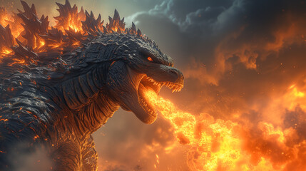 Huge godzilla shooting fire from his mouth. Game art style illustration.	

