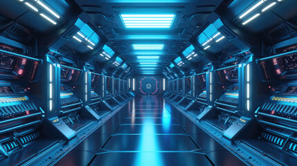 Futuristic spaceship interior, perspective of blue corridor room with computer terminals and...