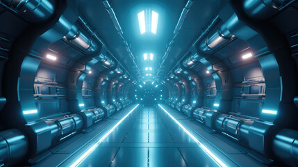 Futuristic spaceship room interior, perspective view of dark corridor or hallway in starship. Inside blue hall of space station with led light. Concept of technology, skifi.
