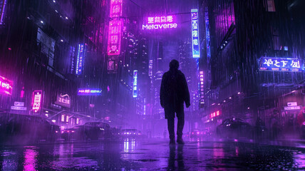 Lone man walks down street in cyberpunk city at night, purple neon store signs in dark futuristic town in rain. Concept of future, virtual reality, game, light, anime, dystopia