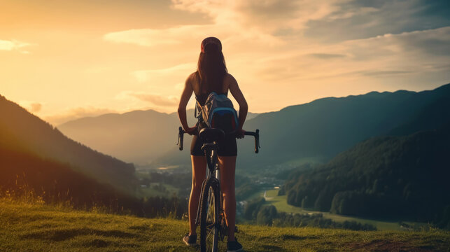 Young woman stands with sports bike on mountain trail at sunset, back view of female person on bicycle looking at landscape. Concept of nature, rider, fitness, mtb, travel.