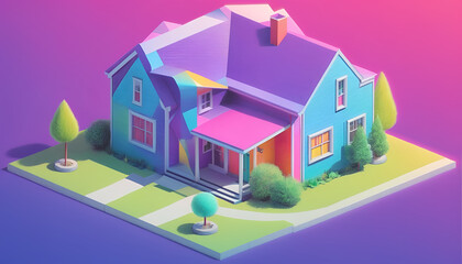 Isometric view of a detached single-family house in very colorful color combinations of the eighties