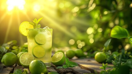 Summer lime lemonade with limes on a wooden table in a summer garden