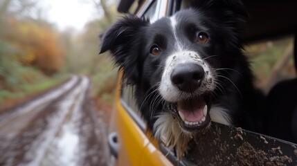 Happy border collie enjoying a car ride on a muddy track in nature gazing outside the window